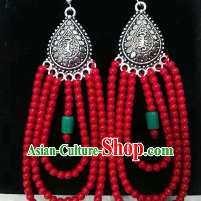 Traditional Handmade Chinese Mongol Nationality Crafts Earrings, China Mongolian Minority Nationality Accessories Red Beads Eardrop for Women