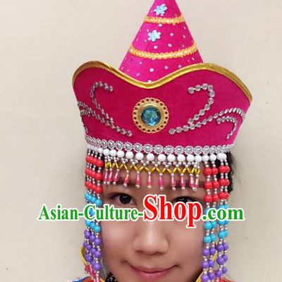 Traditional Handmade Chinese Mongol Nationality Dance Rosy Headwear Princess Hat, China Mongols Mongolian Minority Nationality Bride Tassel Headpiece for Women