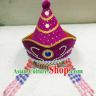 Traditional Handmade Chinese Mongol Nationality Dance Purple Headwear Princess Hat, China Mongols Mongolian Minority Nationality Bride Tassel Headpiece for Women