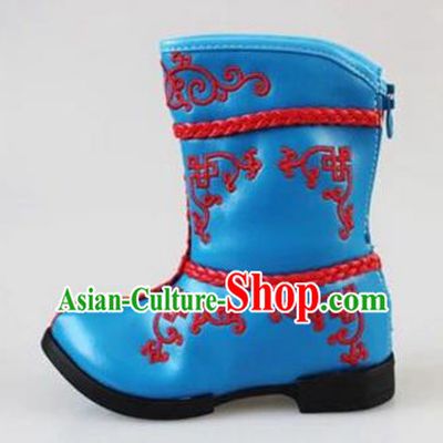 Traditional Chinese Minority Mongol Nationality Dance Shoes, Ethnic Minorities Mongolian Boots Blue Embroidery Boots for Kids
