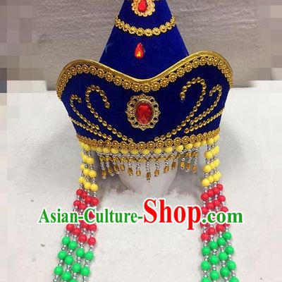 Traditional Handmade Chinese Mongol Nationality Dance Blue Headwear Bride Hat, China Mongols Mongolian Minority Nationality Princess Tassel Headpiece for Women