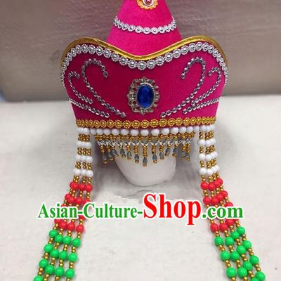 Traditional Handmade Chinese Mongol Nationality Dance Rosy Headwear Bride Hat, China Mongols Mongolian Minority Nationality Princess Tassel Headpiece for Women