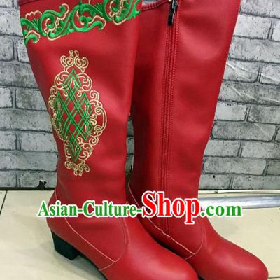 Traditional Chinese Minority Mongol Nationality Dance Shoes, Ethnic Minorities Mongolian Wedding Boots Red Embroidery Boots for Women