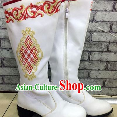 Traditional Chinese Minority Mongol Nationality Dance Shoes, Ethnic Minorities Mongolian Wedding Boots White Embroidery Boots for Women