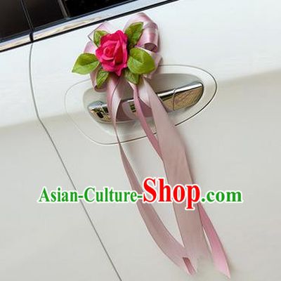 Top Grade Wedding Accessories Decoration, China Style Wedding Car Ornament Pink Flowers Bride Silk Ribbon Garlands