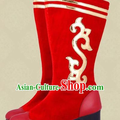 Traditional Chinese Minority Mongol Nationality Dance Red Shoes, Ethnic Minorities Mongolian Wedding Boots Embroidery Boots for Women