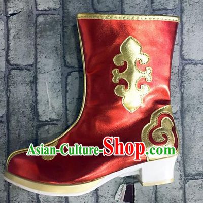 Traditional Chinese Minority Mongol Nationality Dance Red Shoes, Ethnic Minorities Mongolian Boots Embroidery Boots for Kids
