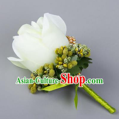 Top Grade Wedding Accessories Decoration Flower Corsage, China Style Wedding Ornament Champagne Bridegroom White Rose Brooch