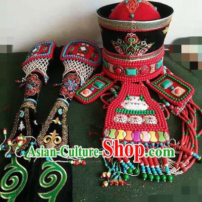 Traditional Handmade Chinese Mongol Nationality Handmade Princess Hat, China Mongols Mongolian Minority Nationality Wedding Bride Headwear Headpiece for Women