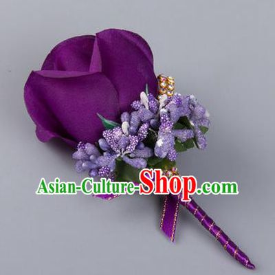 Top Grade Wedding Accessories Decoration Flower Corsage, China Style Wedding Ornament Champagne Bridegroom Purple Rose Brooch