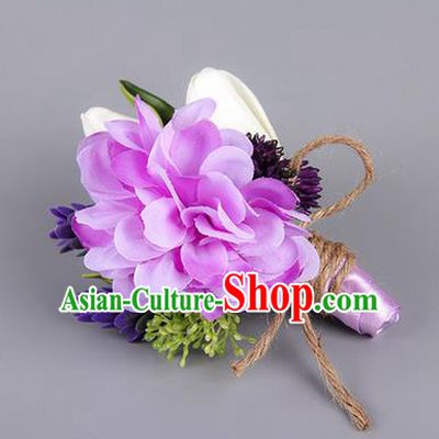 Top Grade Classical Wedding Silk Flowers,Groom Emulational Corsage Groomsman Purple Brooch Flowers for Men
