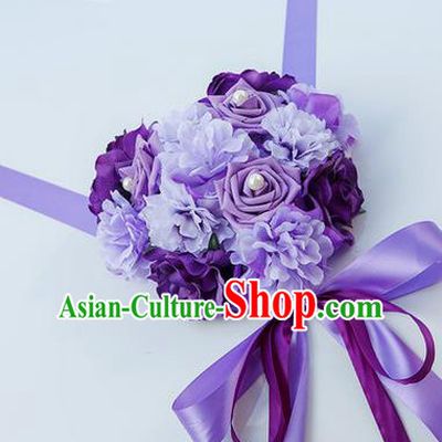 Top Grade Wedding Accessories Decoration, China Style Wedding Car Bowknot Purple Rose Flowers Ribbon Garlands Ornaments
