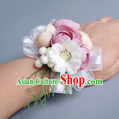 Top Grade Classical Wedding Dusty Pink Silk Flowers, Bride Emulational Wrist Flowers Bridesmaid Bracelet Flowers for Women