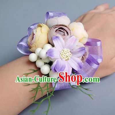 Top Grade Classical Wedding Lilac Silk Flowers, Bride Emulational Wrist Flowers Bridesmaid Bracelet Flowers for Women