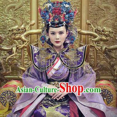 Traditional Ancient Chinese Palace Empress Costume and Headpiece Complete Set, Chinese Ming Dynasty Queen Dress Clothing for Women