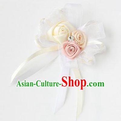 Top Grade Classical Wedding Ribbon Flowers, Bride Emulational Corsage Bridesmaid White Bowknot Brooch Flowers for Women