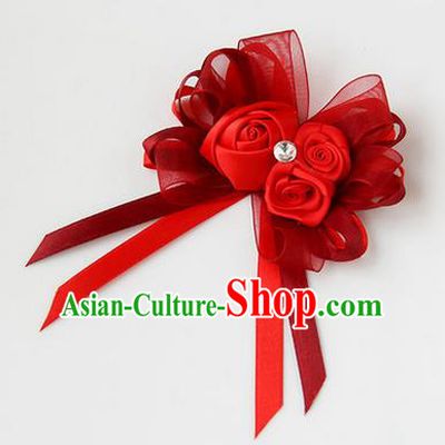 Top Grade Classical Wedding Ribbon Flowers, Bride Emulational Corsage Bridesmaid Red Bowknot Brooch Flowers for Women