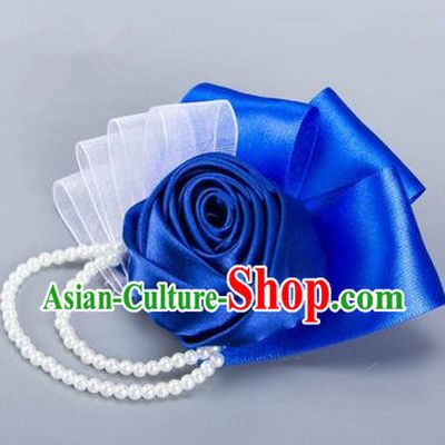 Top Grade Classical Wedding Royalblue Ribbon Flowers, Bride Emulational Crystal Wrist Flowers Bridesmaid Beads Bracelet Flowers for Women