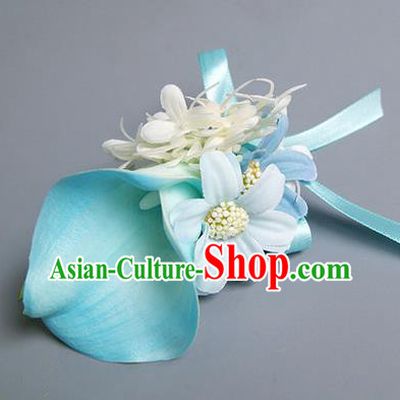 Top Grade Classical Wedding Blue Silk Common Callalily Flowers,Groom Emulational Corsage Groomsman Brooch Flowers for Men