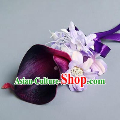 Top Grade Classical Wedding Purple Silk Common Callalily Flowers,Groom Emulational Corsage Groomsman Brooch Flowers for Men