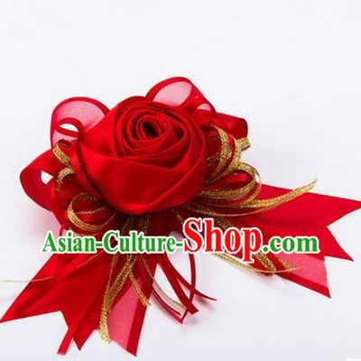 Top Grade Classical Wedding Red Silk Rose Flowers, Bride Emulational Corsage Bridesmaid Bowknot Ribbon Brooch Flowers for Women