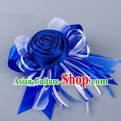 Top Grade Classical Wedding Royalblue Silk Rose Flowers, Bride Emulational Corsage Bridesmaid Bowknot Ribbon Brooch Flowers for Women