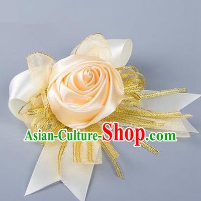 Top Grade Classical Wedding Champagne Silk Rose Flowers, Bride Emulational Corsage Bridesmaid Bowknot Ribbon Brooch Flowers for Women