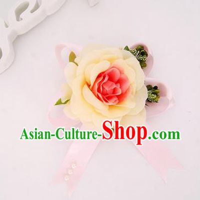 Top Grade Classical Wedding Champagne Silk Flowers, Bride Emulational Corsage Bridesmaid Bowknot Ribbon Brooch Rose Flowers for Women