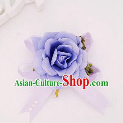 Top Grade Classical Wedding Lilac Silk Flowers, Bride Emulational Corsage Bridesmaid Bowknot Ribbon Brooch Rose Flowers for Women