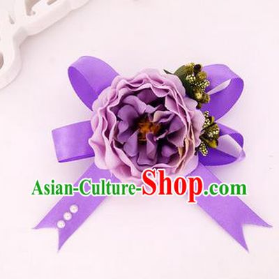 Top Grade Classical Wedding Light Purple Silk Flowers, Bride Emulational Corsage Bridesmaid Bowknot Ribbon Brooch Rose Flowers for Women