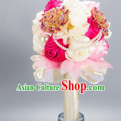 Top Grade Classical Wedding Ribbons Silk Flowers, Bride Holding Emulational Crystal Flowers Ball, Hand Tied Bouquet Beads Flowers for Women