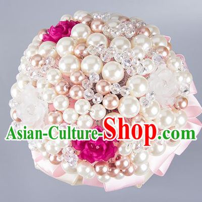 Top Grade Classical Wedding Bride Pink Ribbon Holding Emulational Crystal Flowers Ball, Hand Tied Bouquet Pearls Flowers for Women