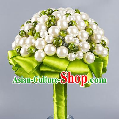 Top Grade Classical Wedding Bride Green Ribbon Holding Emulational Crystal Flowers Ball, Hand Tied Bouquet Pearls Flowers for Women