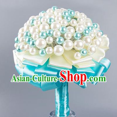 Top Grade Classical Wedding Bride Blue Ribbon Holding Emulational Crystal Flowers Ball, Hand Tied Bouquet Pearls Flowers for Women