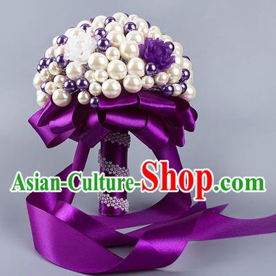 Top Grade Classical Wedding Bride Purple Flowers Holding Emulational Crystal Flowers Ball, Hand Tied Bouquet Pearls Flowers for Women