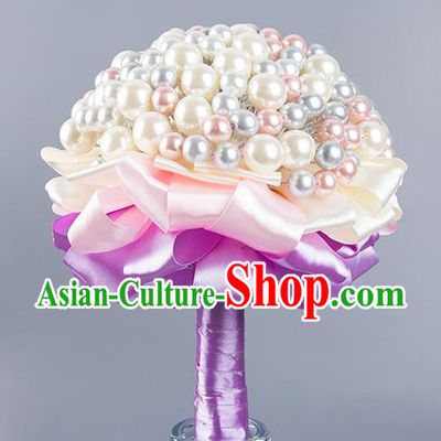 Top Grade Classical Wedding Bride Lilac Ribbon Holding Emulational Crystal Flowers Ball, Hand Tied Bouquet Pearls Flowers for Women