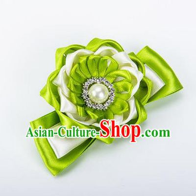 Top Grade Classical Wedding Green Ribbon Silk Bangle Flowers, Bride Emulational Wrist Flowers Bridesmaid Bracelet Pearl Flowers for Women