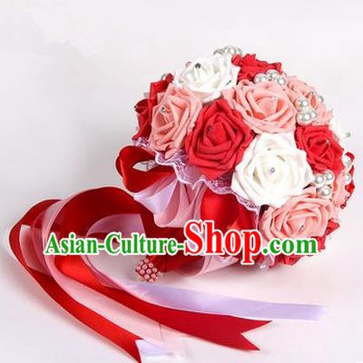 Top Grade Classical Wedding Pink and Red Silk Rose Flowers, Bride Holding Emulational Flowers, Hand Tied Bouquet Pearl Flowers for Women