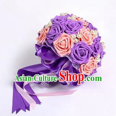 Top Grade Classical Wedding Pink and Purple Silk Rose Flowers, Bride Holding Emulational Flowers, Hand Tied Bouquet Pearl Flowers for Women