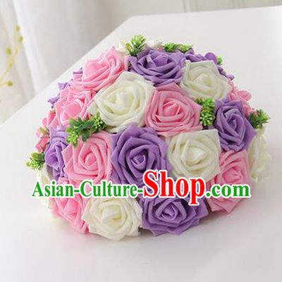 Top Grade Classical Wedding Purple and Pink Flowers, Bride Holding Emulational Flowers, Hand Tied Bouquet Flowers for Women