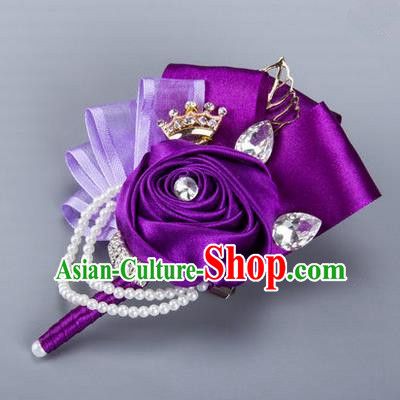 Top Grade Classical Wedding Purple Ribbon Flowers, Bride Emulational Corsage Bridesmaid Crystal Brooch Flowers for Women
