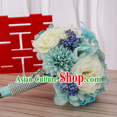 Top Grade Classical Wedding Silk Blue Flowers, Bride Holding Emulational Flowers, Hand Tied Bouquet Flowers for Women