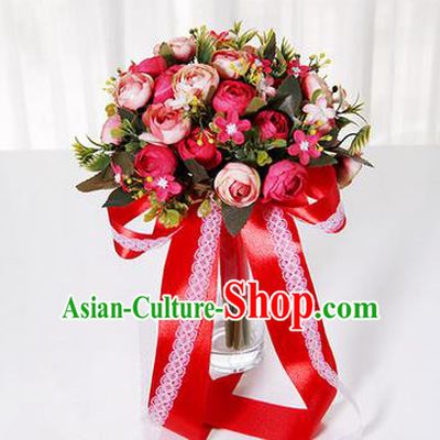 Top Grade Classical Wedding Red Ribbon Silk Flowers, Bride Holding Emulational Flowers, Hand Tied Bouquet Flowers for Women