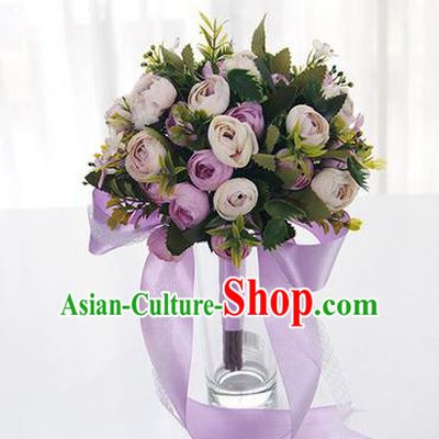 Top Grade Classical Wedding Purple Ribbon Silk Flowers, Bride Holding Emulational Flowers, Hand Tied Bouquet Flowers for Women