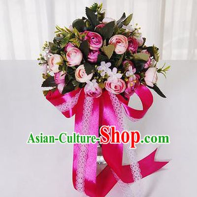 Top Grade Classical Wedding Rosy Ribbon Silk Flowers, Bride Holding Emulational Flowers, Hand Tied Bouquet Flowers for Women
