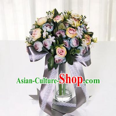 Top Grade Classical Wedding Grey Ribbon Silk Flowers, Bride Holding Emulational Flowers, Hand Tied Bouquet Flowers for Women