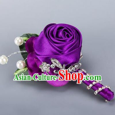 Top Grade Classical Wedding Crystal Silk Flowers,Groom Emulational Corsage Groomsman Purple Ribbon Pearl Brooch Flowers for Men