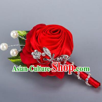 Top Grade Classical Wedding Crystal Silk Flowers,Groom Emulational Corsage Groomsman Red Ribbon Pearl Brooch Flowers for Men