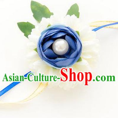 Top Grade Classical Wedding White and Blue Silk Flowers, Bride Emulational Wrist Flowers Bridesmaid Pearl Bracelet Flowers for Women