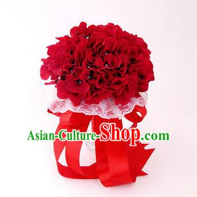 Top Grade Classical Wedding Silk Flowers, Bride Holding Emulational Red Flowers Ball, Hand Tied Bouquet Flowers for Women
